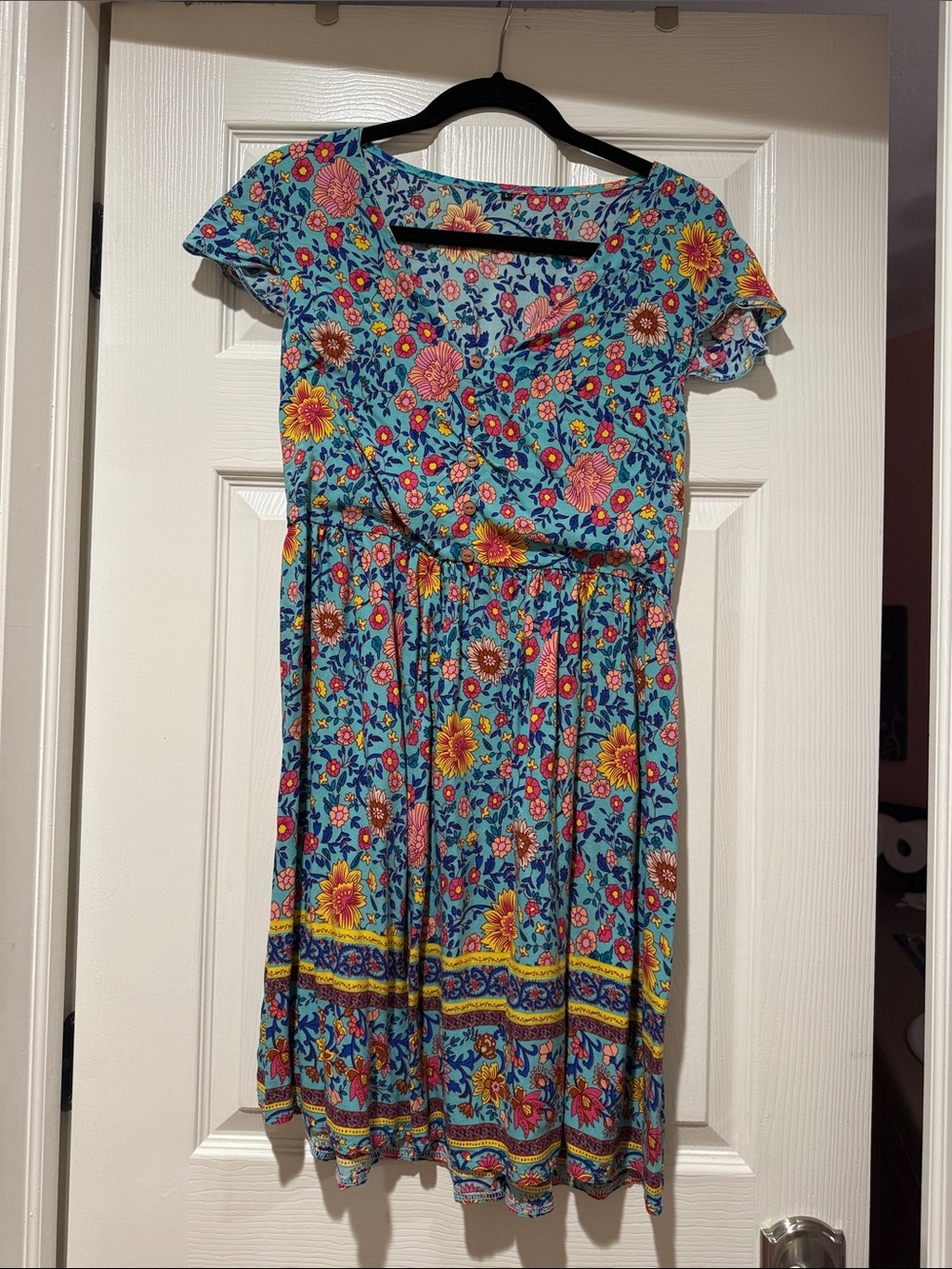 Amazon Blue Floral Short Flutter-Sleeve Dress with Multicolor Blooms